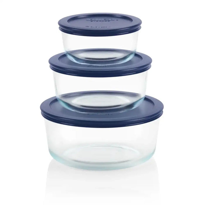 Pyrex Glass Container Round with Blue Lid 6pc