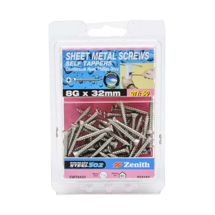 Zenith Stainess Steel Self Tapping Phillips Countersunk Screw 8G x 32mm (50pk)