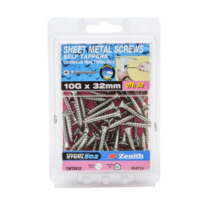 Zenith Stainess Steel Self Tapping Phillips Countersunk Screw 10G x 32mm (50pk)